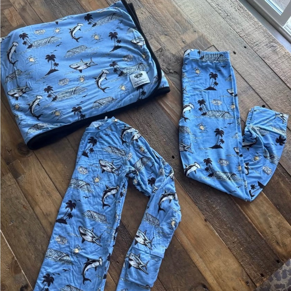 Shark week Blue Kids Pajama Set with matching blanket